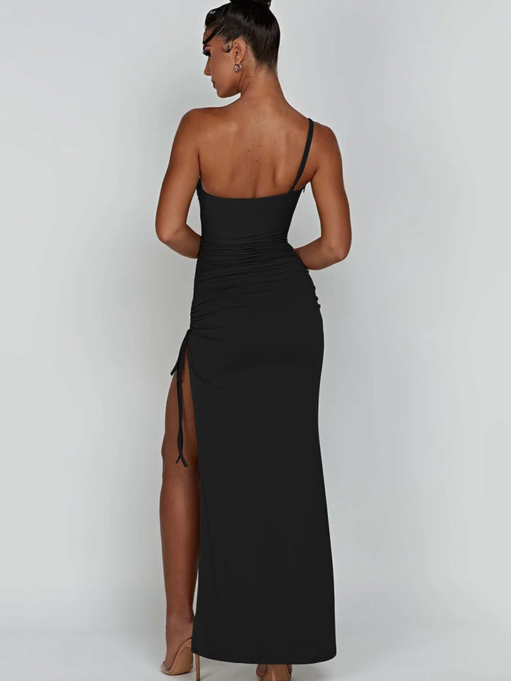 Drawstring High Slit One Shoulder Bodycon Dress - Divawearfashion