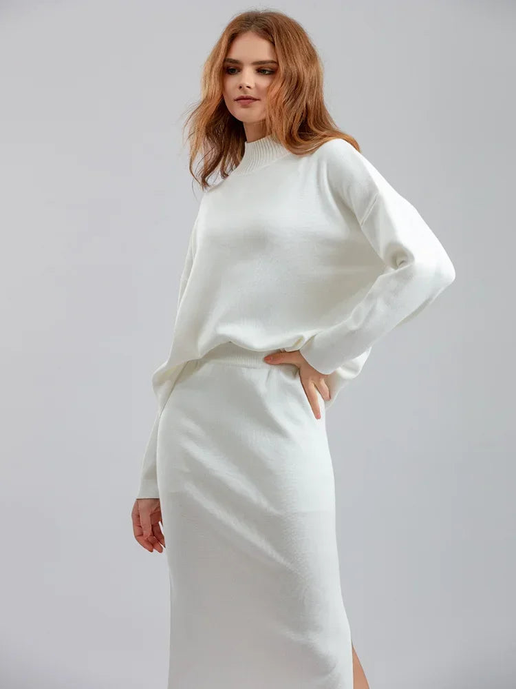 2 PCS Split Knitted Loose Sweater & Long Skirts - Divawearfashion