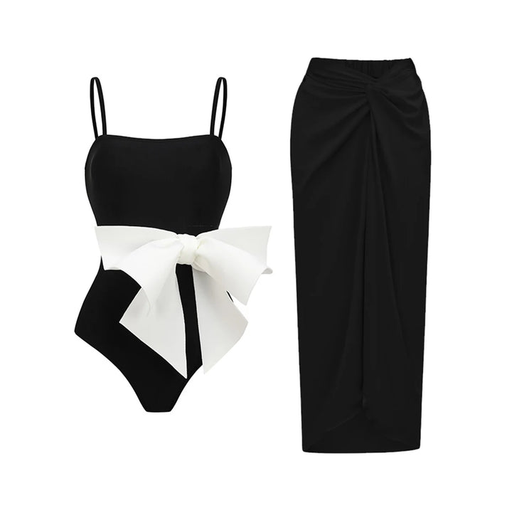 Bow Tie Black & White Retro One Piece Swimsuit with Skirt - Divawearfashion