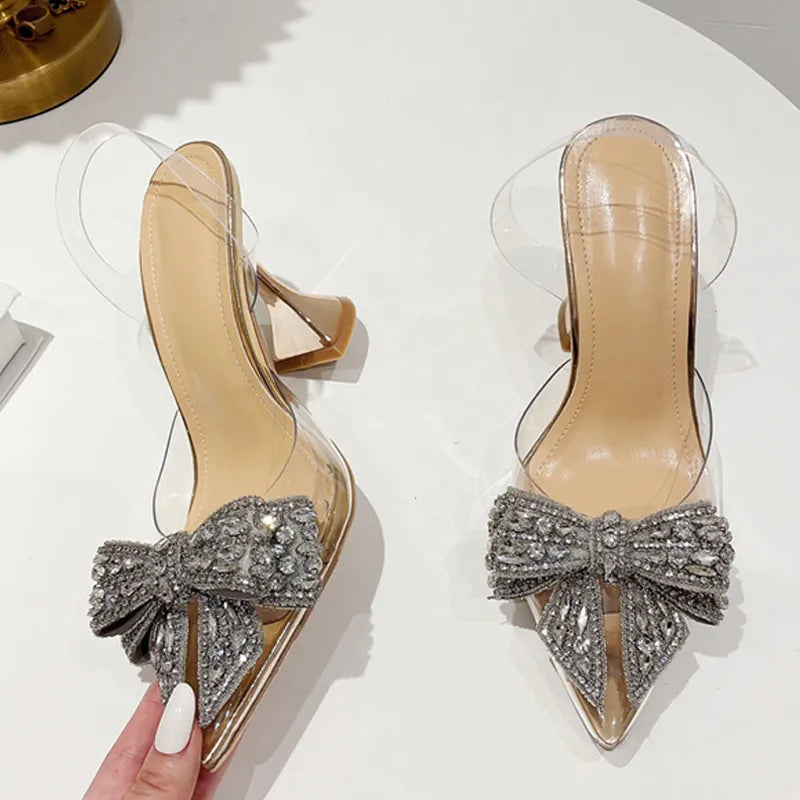Crystal Sequined Bowknot Pointed Toe High Heels - Divawearfashion