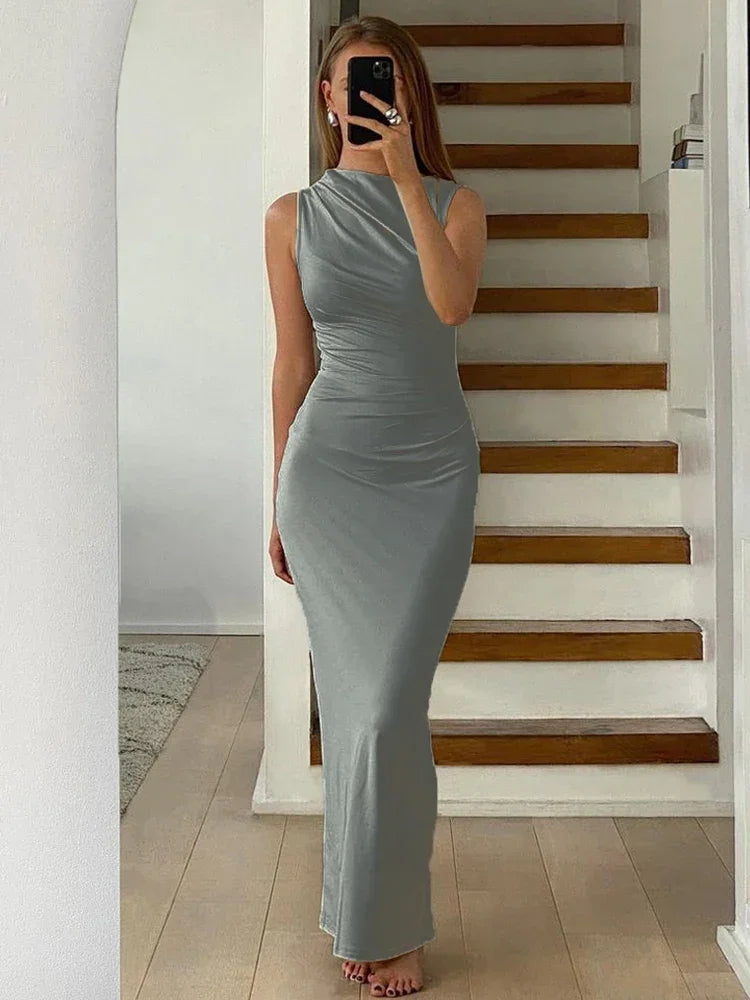 Pleated Slim Body Maxi Dress with Long & Short Sleeves - Divawearfashion