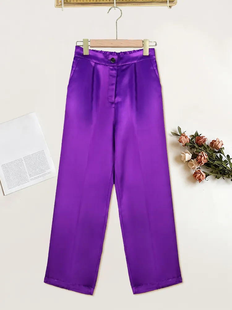 High Elastic Waist Purple Casual Capris with Pockets - Divawearfashion