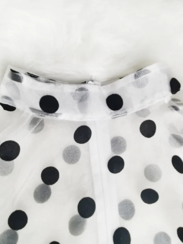 Plus Size Polka Dot See Through Half Flare Sleeve Waist Belt Blouse - Divawearfashion