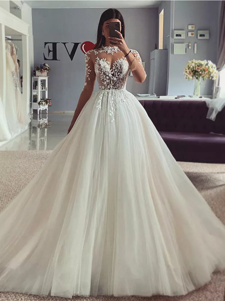Sheer Long Sleeve A Line High Neck Lace Appliqued Wedding Gowns