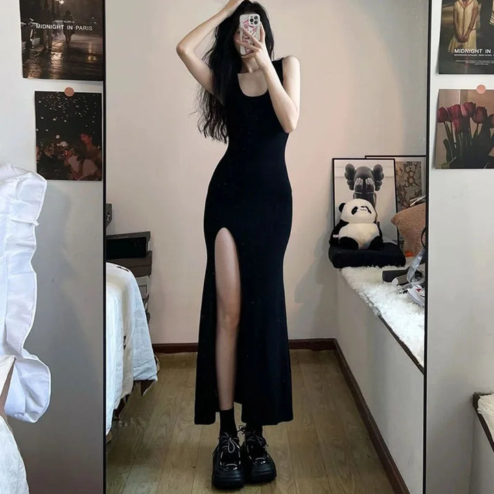 Sleeveless Slim Fit Side Slit Maxi Dress - Divawearfashion