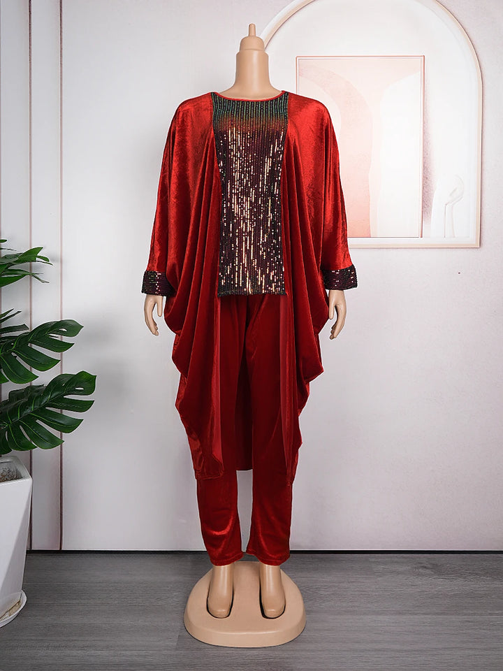 Plus Size 2 PCS Sequin Velvet Tops Pants Suit