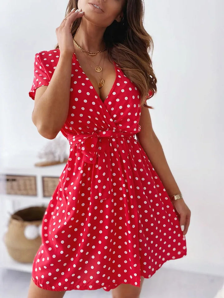 Polka Dot V Neck Mini Casual Dress - Divawearfashion