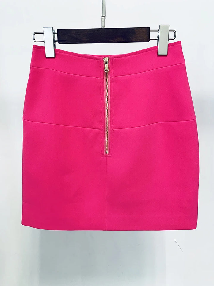 Hot Pink Metal Lion Buttons Mini Skirt  - Divawearfashion