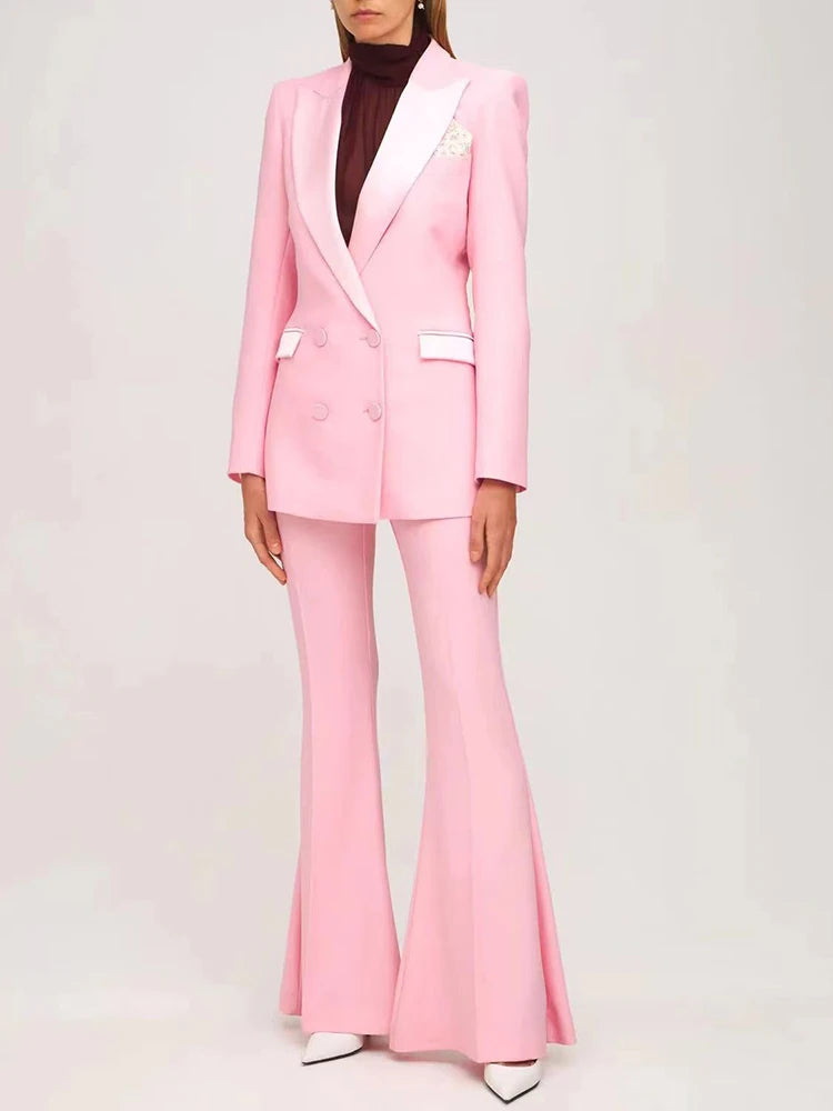 Double Breasted Slim Fit Lapel Blazer with Flare Pants Suit - Divawearfashion
