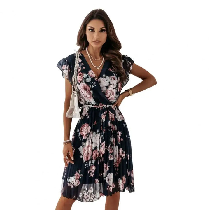 V Neck Ruffle Flower Print Pleated Dress - Divawearfashion