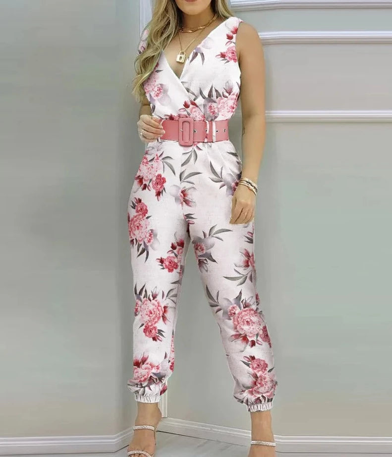 V-neck Sleeveless Printed Jumpsuit with Belt - Divawearfashion