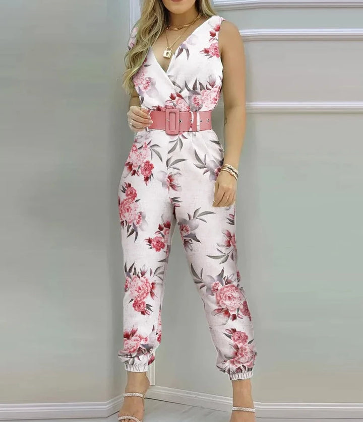 V-neck Sleeveless Printed Jumpsuit with Belt - Divawearfashion