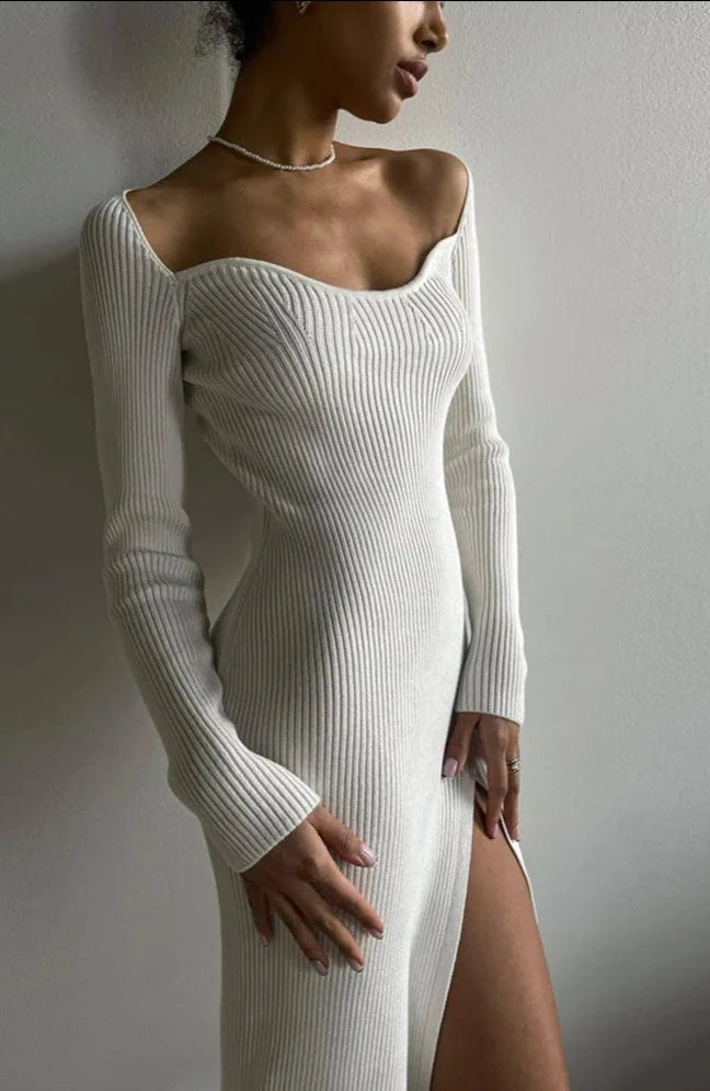 Square Collar Ribbed Knitting Midi Slit Dress - Divawearfashion