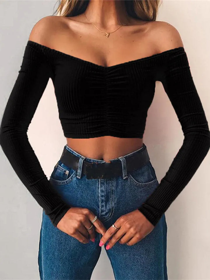 Long Sleeve Off Shoulder Solid Color T-Shirt - Divawearfashion