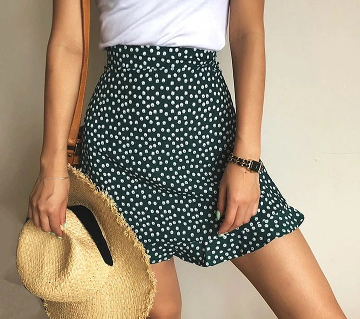 Beach Boho Sexy Floral Printed Ruffle Hem Mini Skirt - Divawearfashion