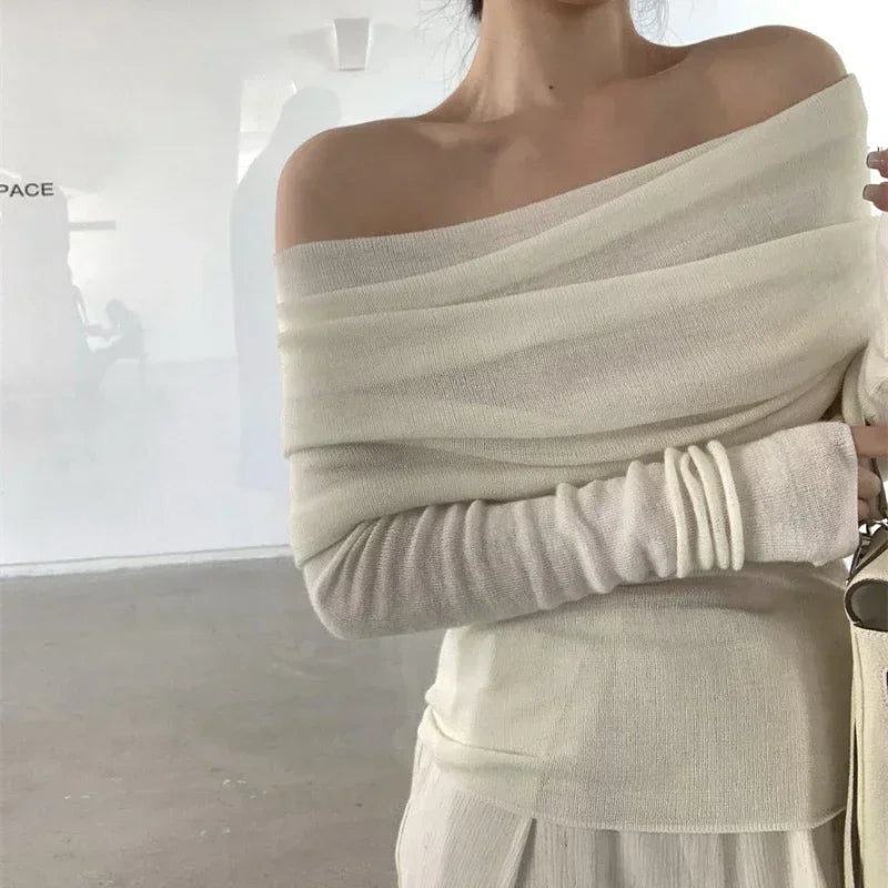 Knitted Off Shoulder Sweater - Divawearfashion