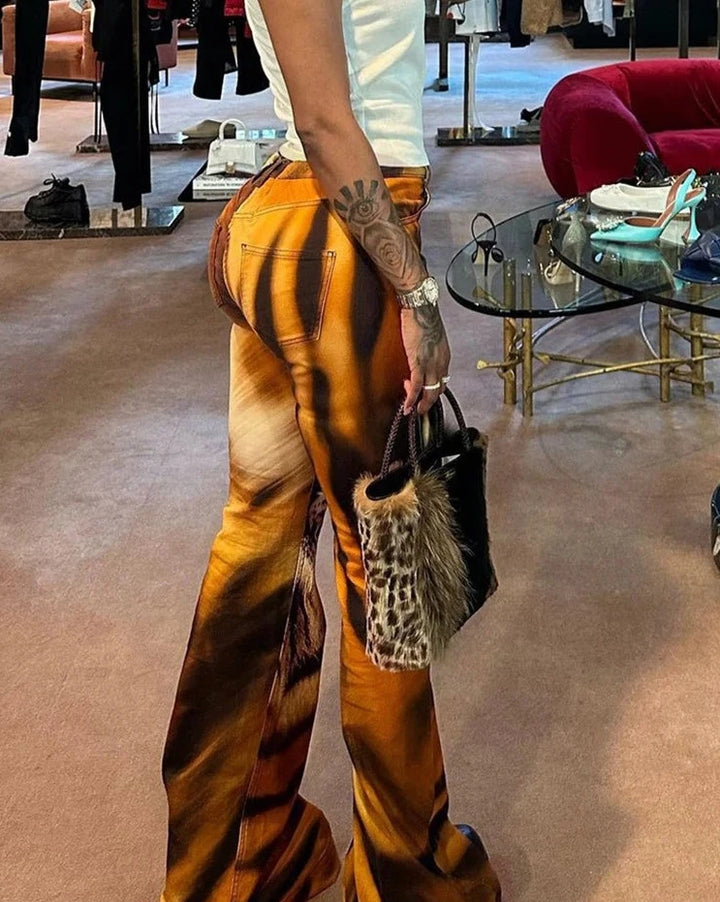 Tiger Print Flare High Waist Pants - Divawearfashion