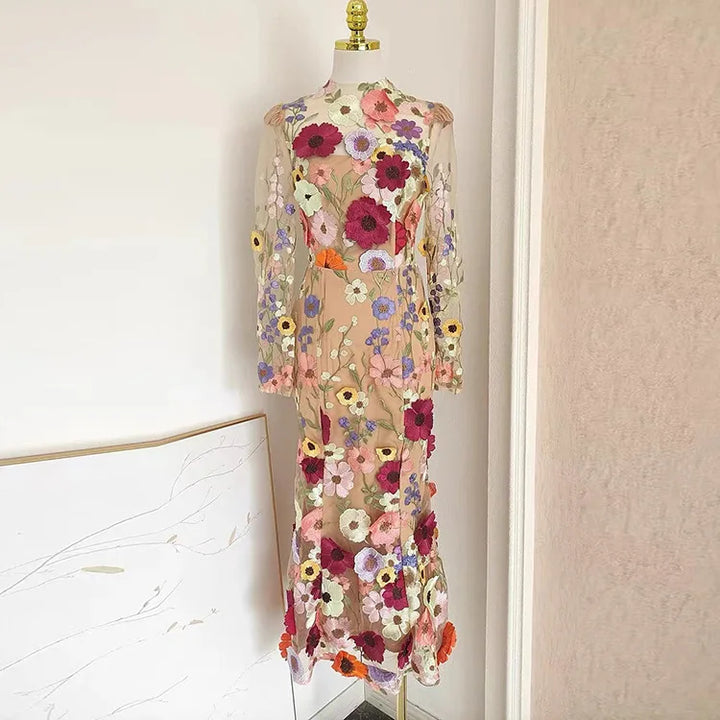 Mesh 3D Flower Embroidery Evening Dress 