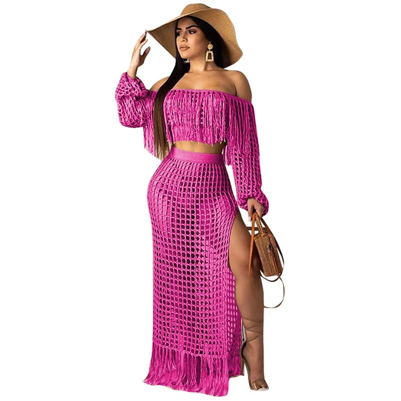 Tassel Off Shoulder Hollow Out Maxi Summer Beach Dress - Divawearfashion