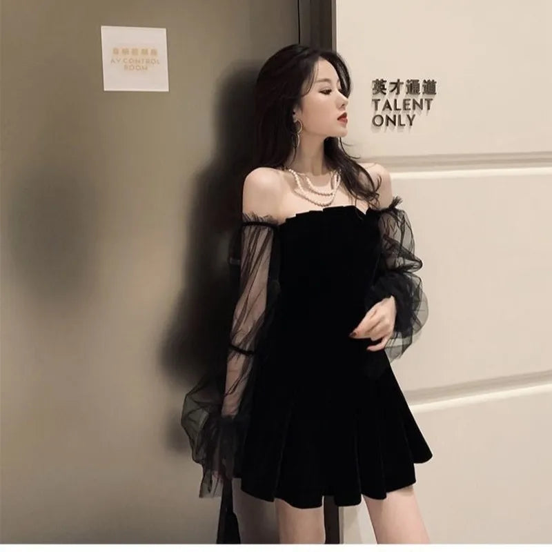 Black Retro Lace Chiffon Mini Dress - Divawearfashion