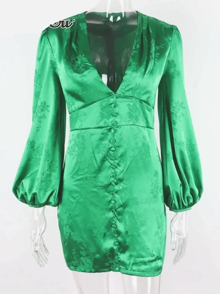 Satin Deep V Neck with Lantern Sleeve Mini Dress - Divawearfashion