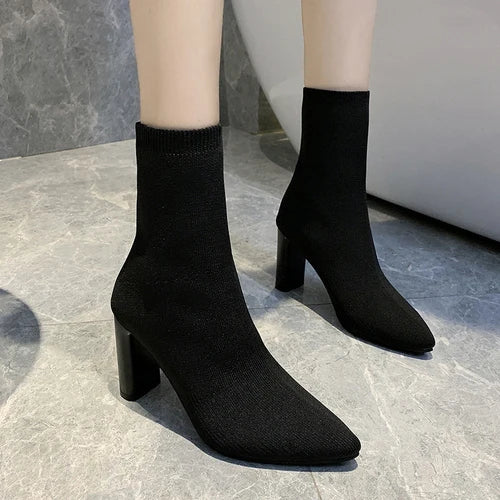 Stretch Socks Heel Boots - Divawearfashion