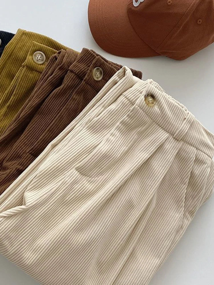 High Waist Retro Corduroy Causal Full Length Pants - Divawearfashion