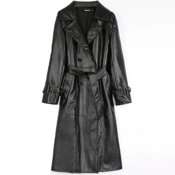 Double Breasted Long Faux Leather Trench Coat  - Divawearfashion