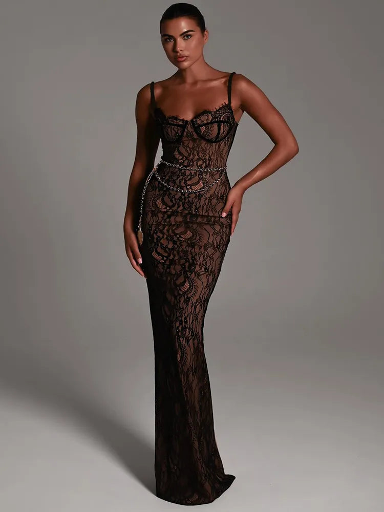 Elegant Backless Lace Print Maxi Bodycon Dress - Divawearfashion