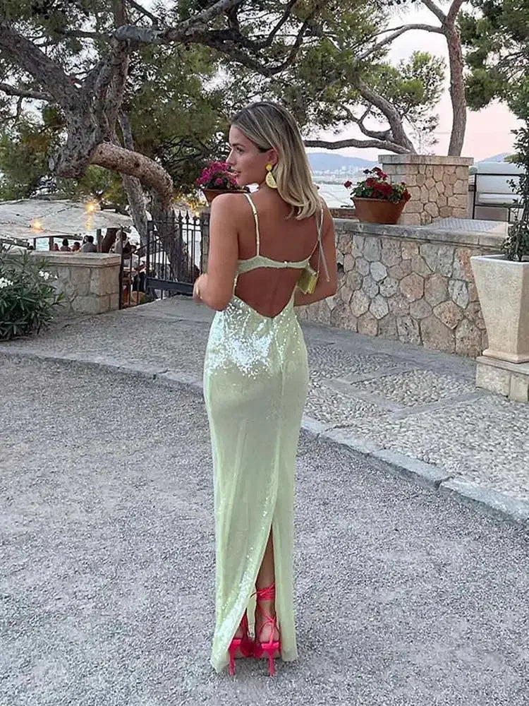 Sequins Spaghetti Strap Sexy Sleeveless Backless Maxi Dress
