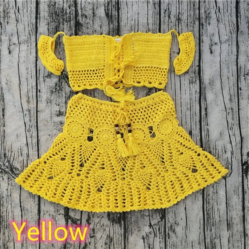 2 PC Crochet Tassel Top + Mini Skirt - Divawearfashion