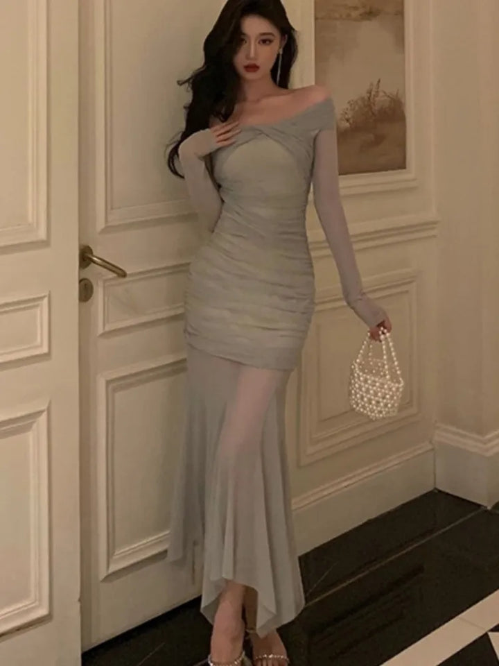 Elegant Knitted Mesh Wrap Hip Evening Dress - Divawearfashion