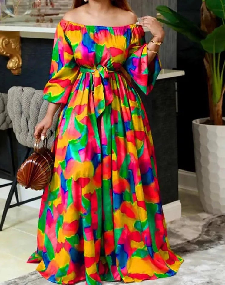 Oversize Off Shoulder Maxi Long Sundress Print Dress - Divawearfashion