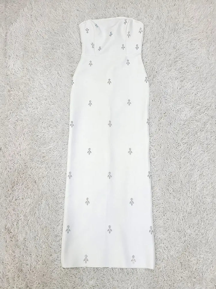 Bodycon White Strapless Backless Crystal Diamond Dress - Divawearfashion