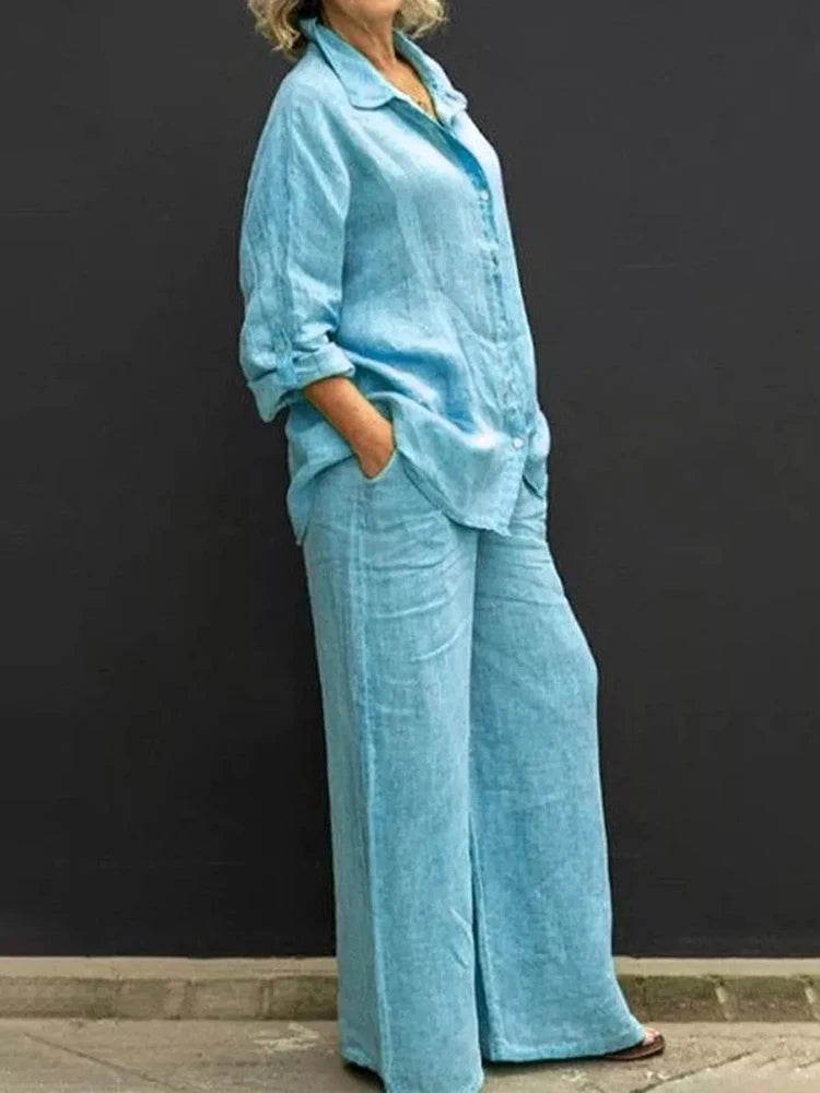 Linen Long Sleeve Shirt with Loose Straight Pants - Divawearfashion