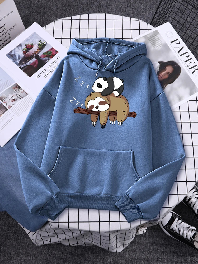 Panda Lying On A Sloth Prints Women Sweatshirt Autumn Fleece Warm Hooded Casual Fashion Hoodies All-Match Unisex Sportswear - Divawearfashion