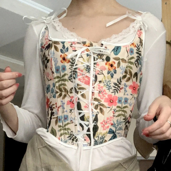 Floral Print Vintage Corset Lace Up Bustier Corset - Divawearfashion