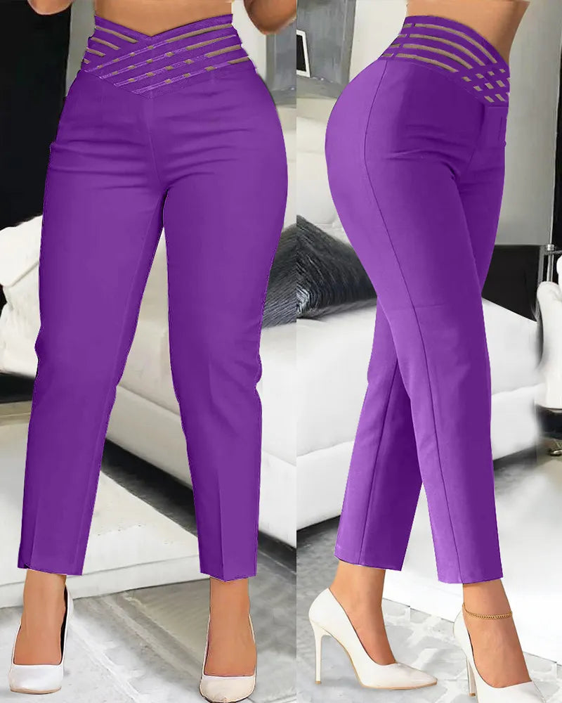 Overlap Waist Hollow Out Capris Pants - Divawearfashion