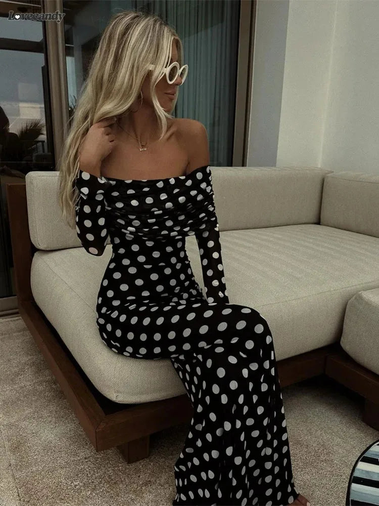 Sexy Polka Dots Print Off Shoulder Slim Fit Dress