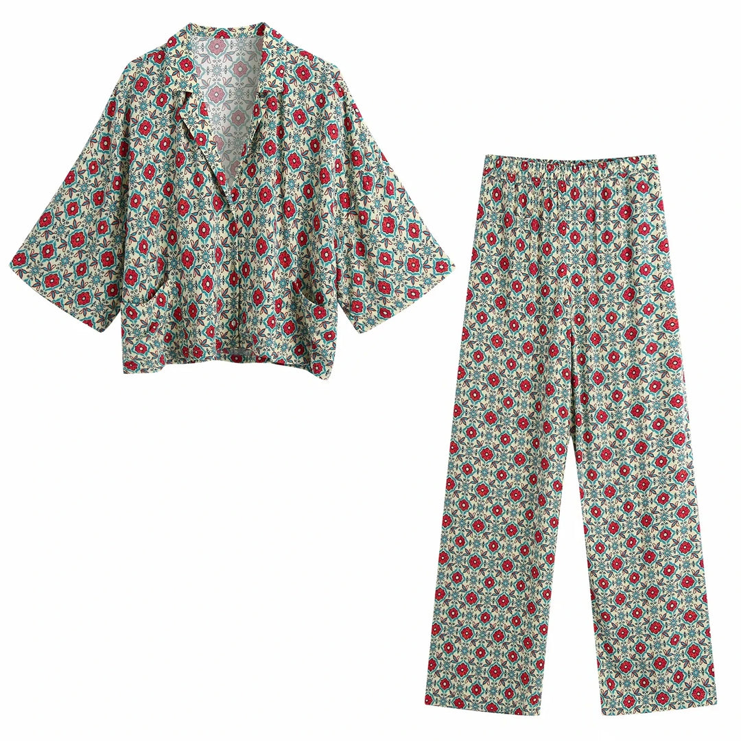 2 PCS Long Sleeve Retro Blouse & Loose Pant Suit - Divawearfashion