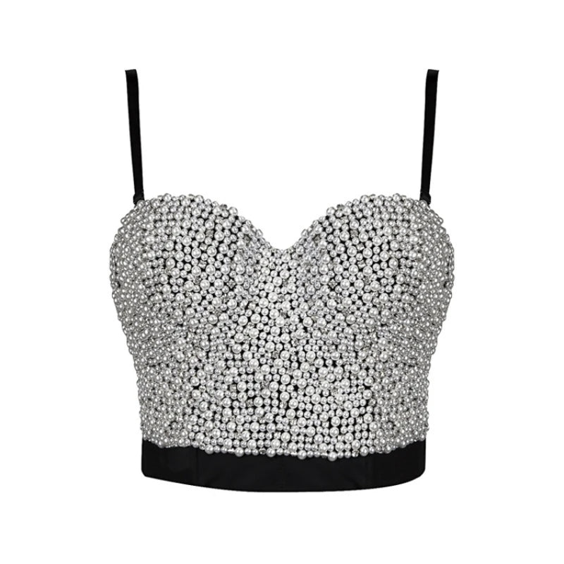 Hand-made Pearls Jewel Corset Bustier Cropped Tops - Divawearfashion