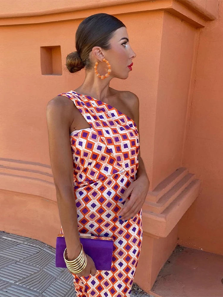 Chic Printed Oblique Shoulder Slim Long Dress - Divawearfashion
