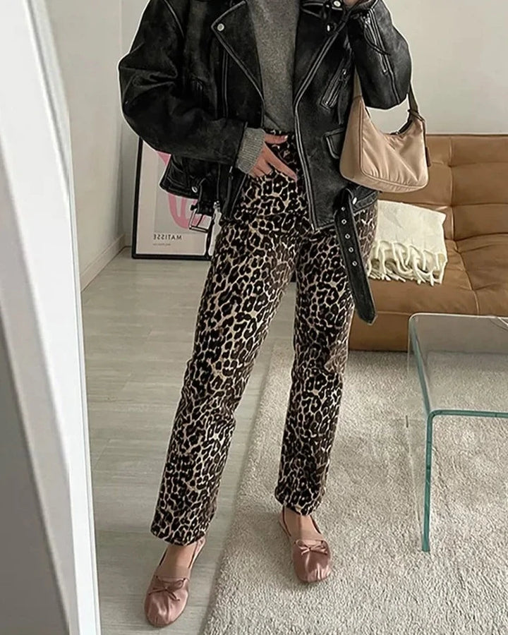 Leopard Print Pencil Jeans - Divawearfashion