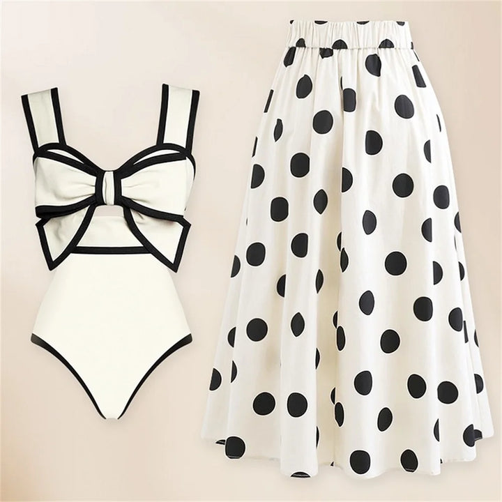 Bow Tie Black & White Retro One Piece Swimsuit with Skirt - Divawearfashion