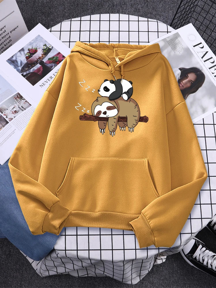 Panda Lying On A Sloth Prints Women Sweatshirt Autumn Fleece Warm Hooded Casual Fashion Hoodies All-Match Unisex Sportswear - Divawearfashion