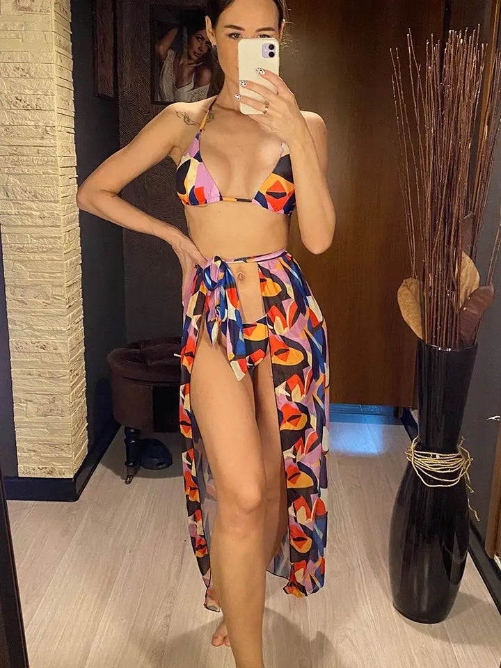 Printed Halter Three-pieces Bikini set with Sarong Bather - Divawearfashion