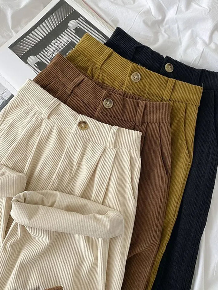 High Waist Retro Corduroy Causal Full Length Pants - Divawearfashion