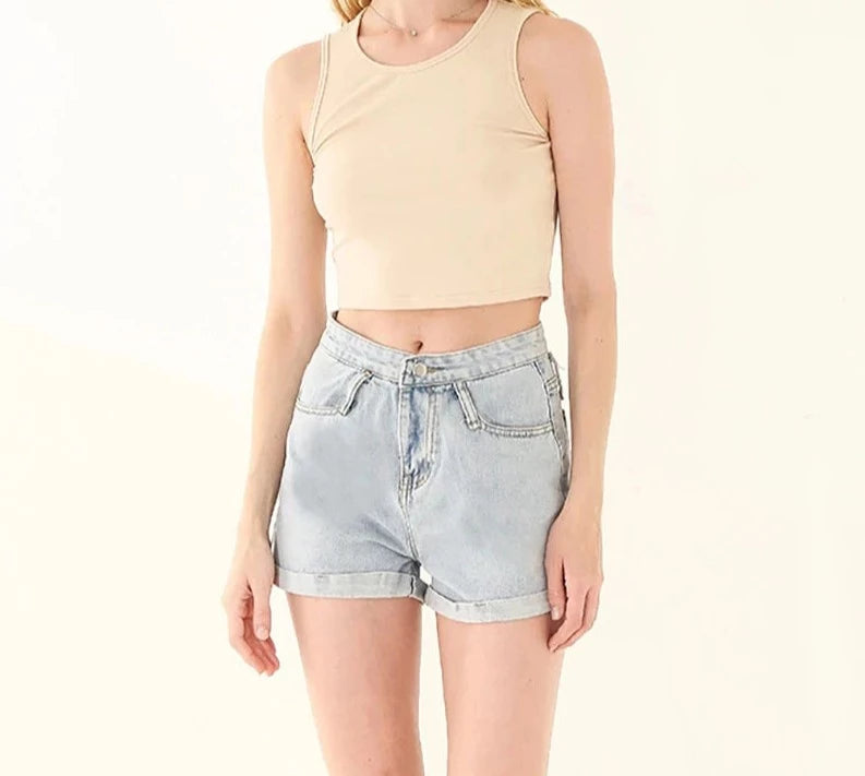 Blue & Black High Waist Casual Loose Streetwear Denim Shorts - Divawearfashion