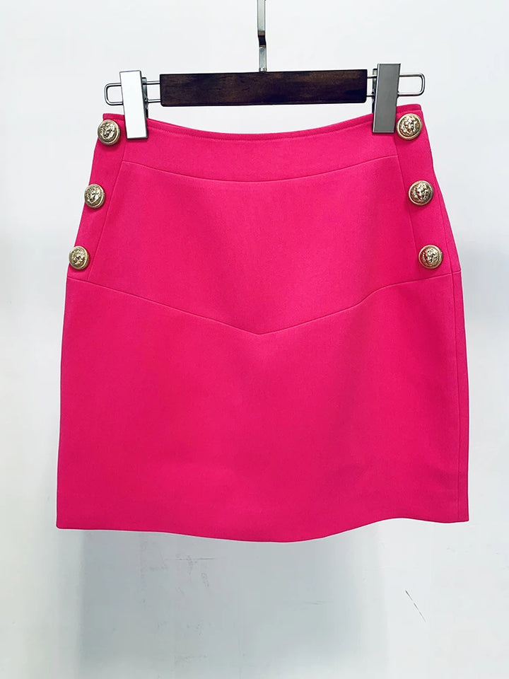 Hot Pink Metal Lion Buttons Mini Skirt  - Divawearfashion