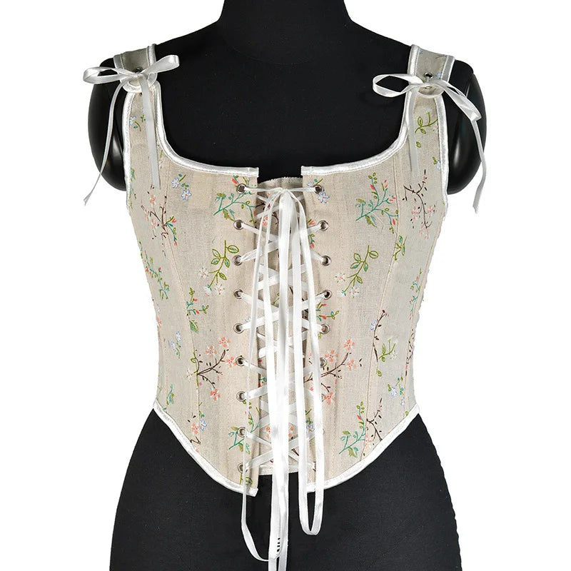 Floral Print Vintage Corset Lace Up Bustier Corset - Divawearfashion